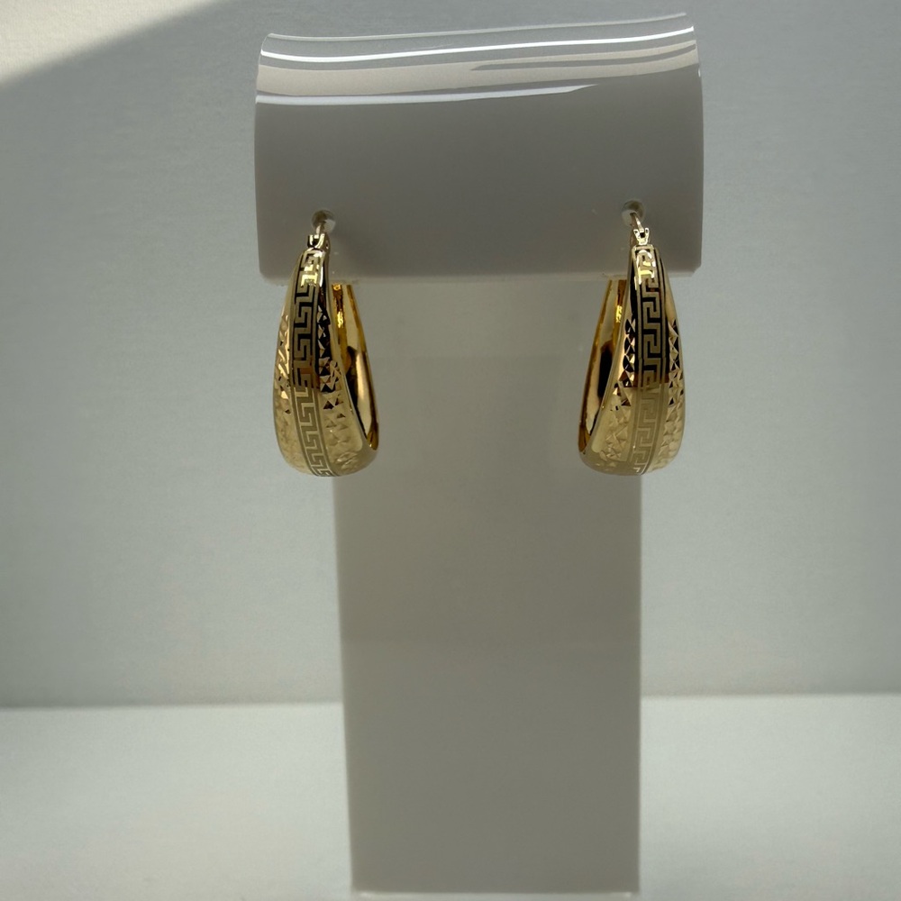 18K Genuine YG Gold Dome Hoop Earrings with Greek Design 23mm - Picture 7 of 13